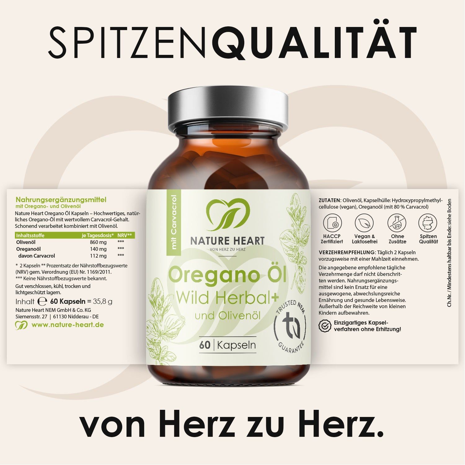 Produktflasche mit Etikett. Text: Oregano Öl Wild Herbal+ und Olivenöl, 60 Kapseln. Logo: Nature Heart. Nährwertangaben und Zutatenliste.
