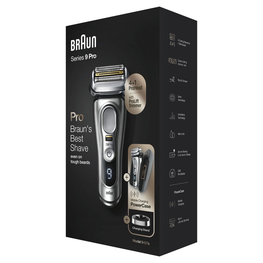 Verpackung des Braun Series 9 Pro Rasierers. Enthält Rasierer, PowerCase und Ladestation. Schwarzer Hintergrund.