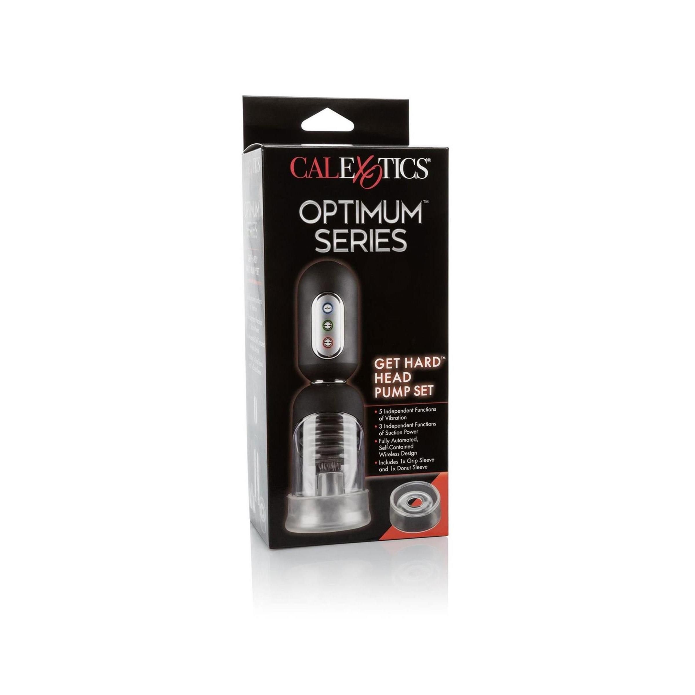 Verpackung mit Produkt. Schwarze Box mit Produktabbildung und Text: OPTIMUM SERIES, GET HARD HEAD PUMP SET.