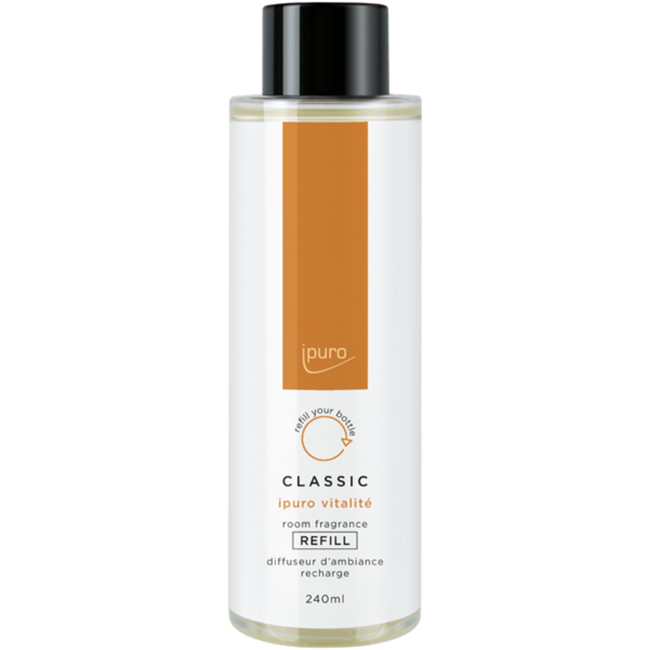 Nachfüllflasche für Raumduft. Weißes Etikett mit orangefarbenem Streifen. Schwarzer Verschluss. Text: Ipuro, Classic Vitalité, Refill.