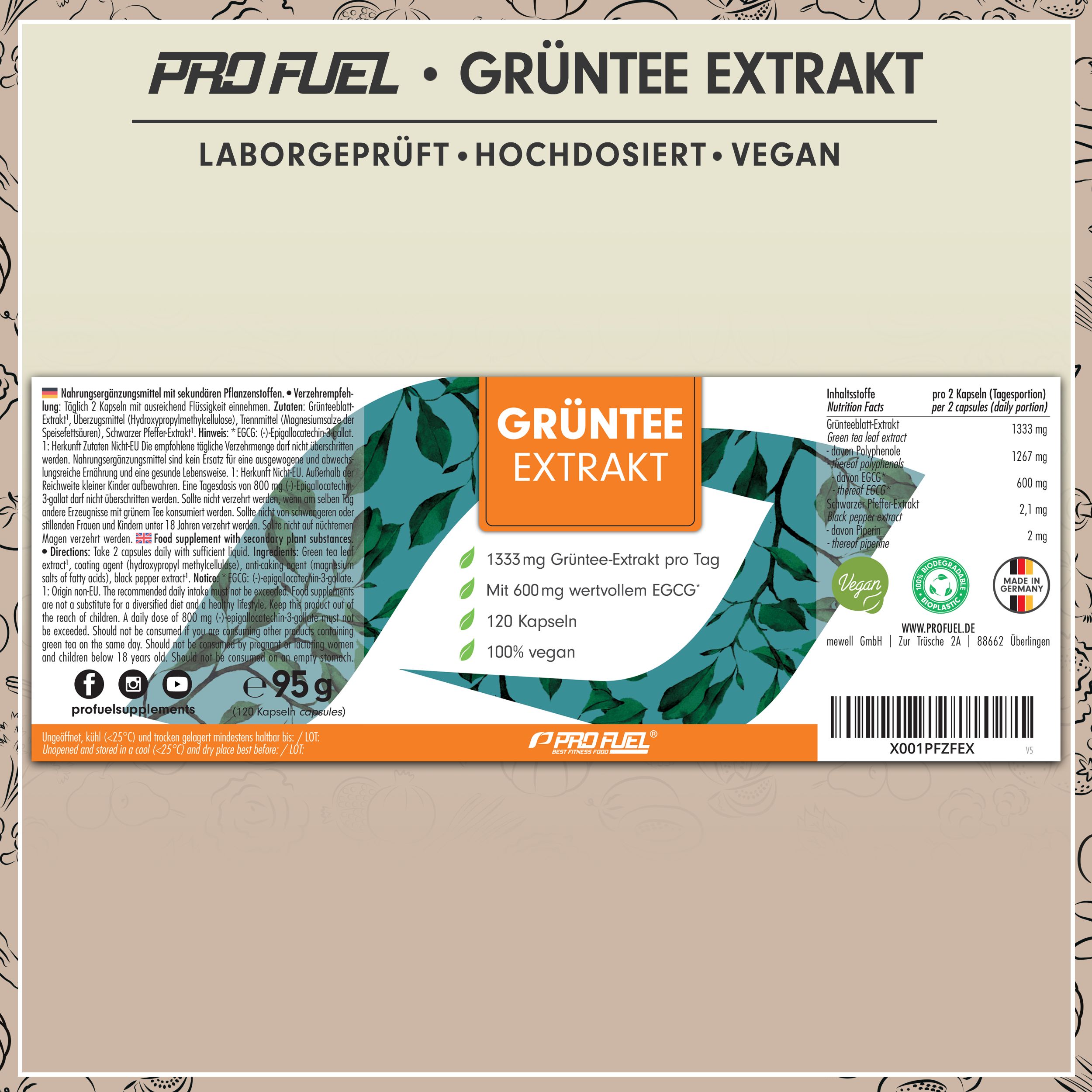 Verpackung von Grüntee Extrakt. Text: 120 Kapseln, 100% vegan. Informationen zu Inhaltsstoffen und Nährwerten. Vegan-Siegel.