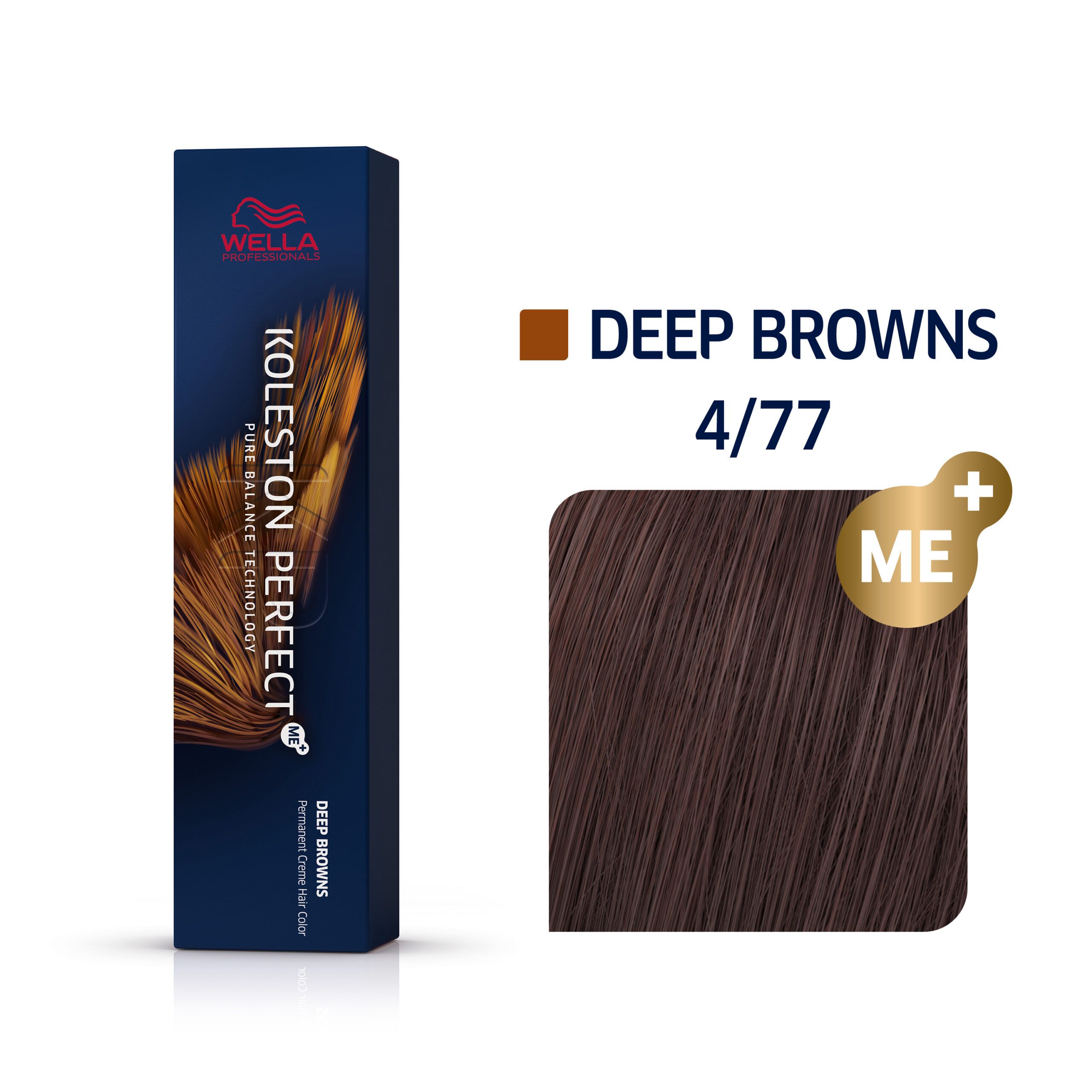 Wella Koleston Perfect Me+ Deep Browns 4/77. Verpackung und Farbmuster. Farbmuster in Braun.