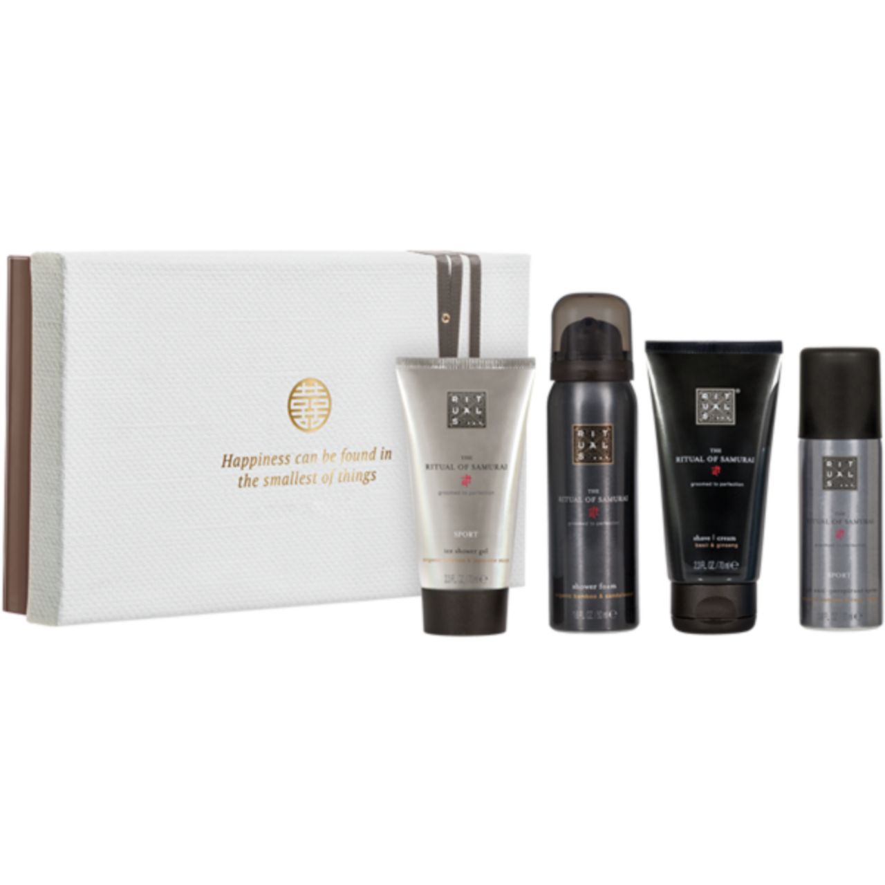 Geschenkset mit vier Produkten: Duschgel, Eis-Duschgel, Rasiercreme und Deo. Verpackt in einer weißen Schachtel mit braunen Akzenten.