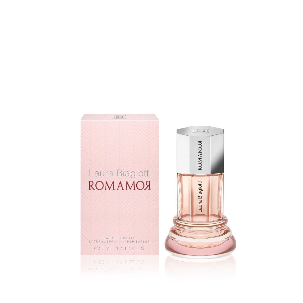 Rosa Flakon mit silbernem Deckel und rosa Verpackung. Aufschrift: Laura Biagiotti, Romamor.
