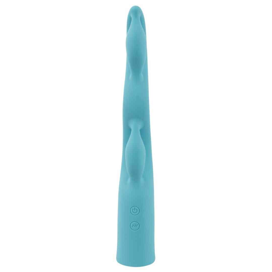 Türkisfarbener Vibrator mit gewundener Form. Zwei Knöpfe an der Basis. Zylindrischer Griff.