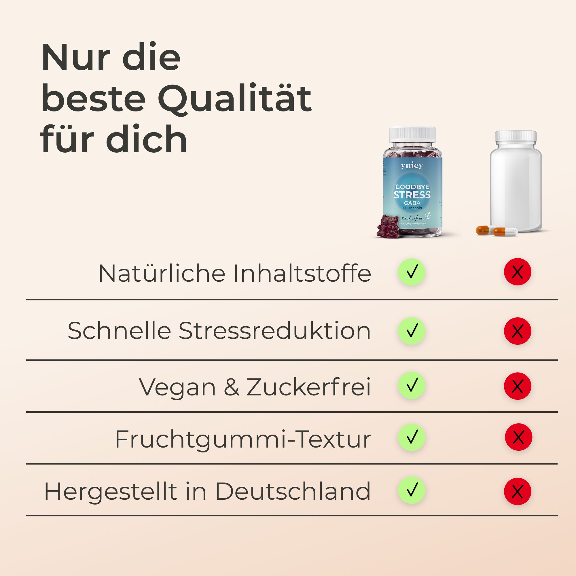 Vergleich von Gummibärchen-Dose und Tabletten. Text: Natürliche Inhaltsstoffe, schnelle Stressreduktion, vegan.