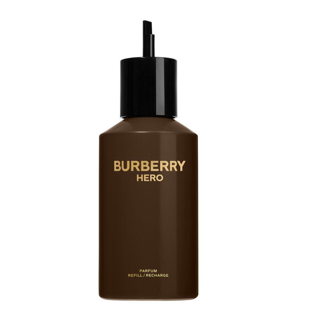 Braune Burberry Hero Parfum Refill-Flasche mit schwarzem Deckel. Aufschrift: Burberry Hero, Parfum, Refill/Recharge.