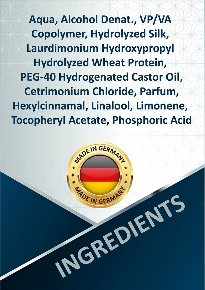 Text: Inhaltsstoffe: Aqua, Alcohol Denat., VP/VA Copolymer, Hydrolyzed Silk, etc. Mit 'Made in Germany' Siegel.