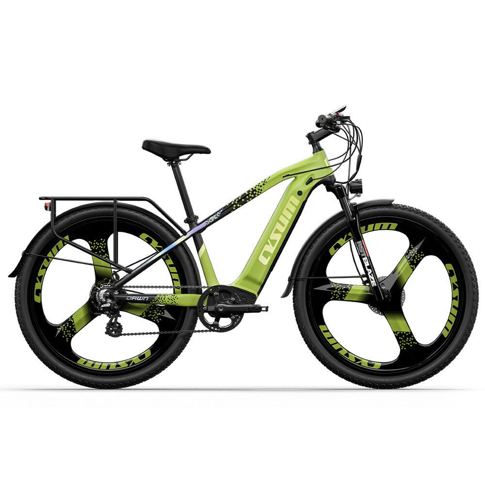 Grünes Elektrofahrrad mit schwarzen Reifen und Gepäckträger. Auf dem Rahmen steht CYSUM.