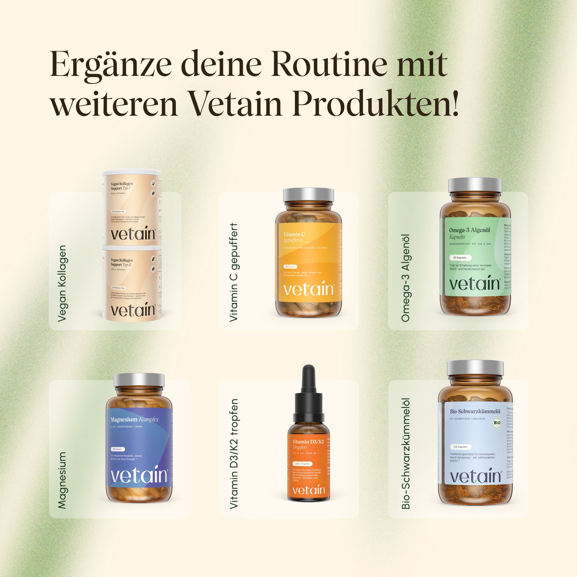 VETAIN Produktübersicht: Mehrere Nahrungsergänzungsmittel in Flaschen und Dosen.