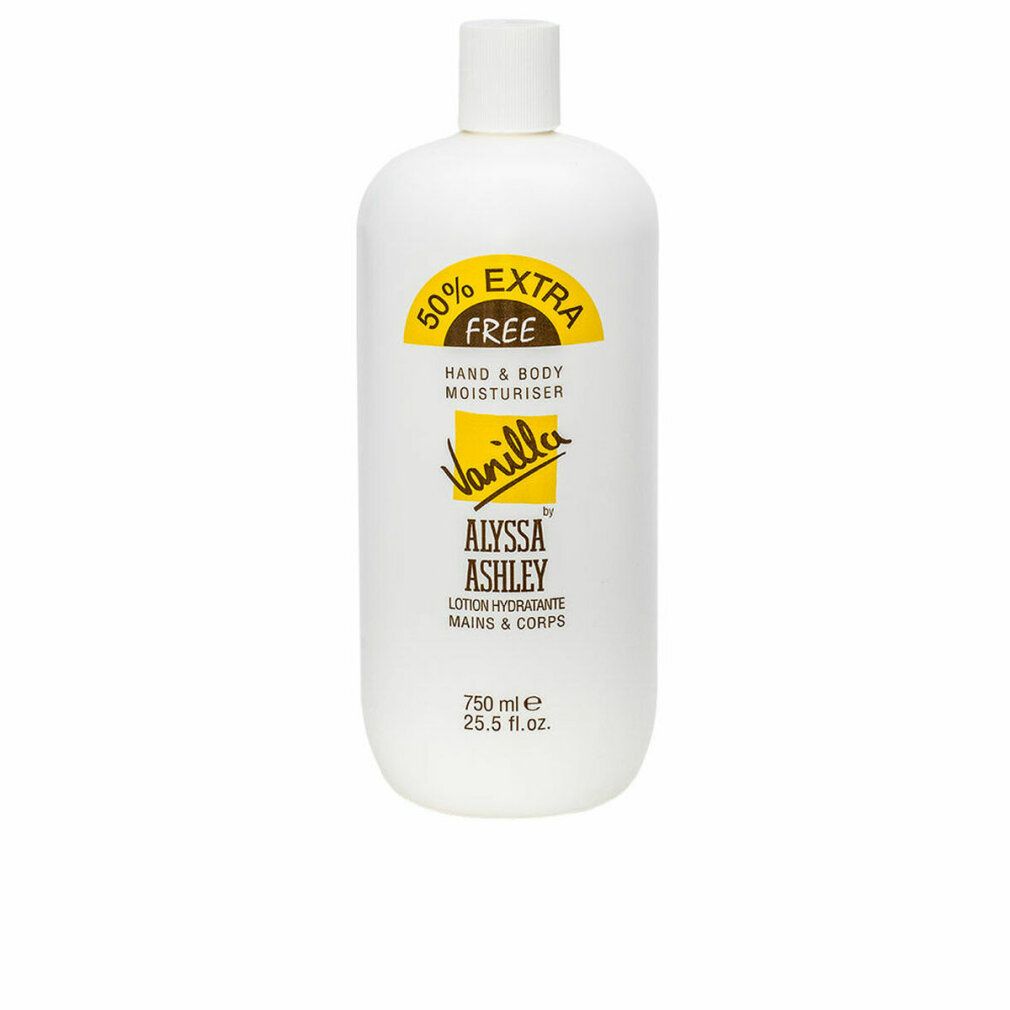 Weiße Flasche mit gelbem Etikett. Aufschrift: Alyssa Ashley Vanilla Hand & Body Moisturiser. 750 ml.
