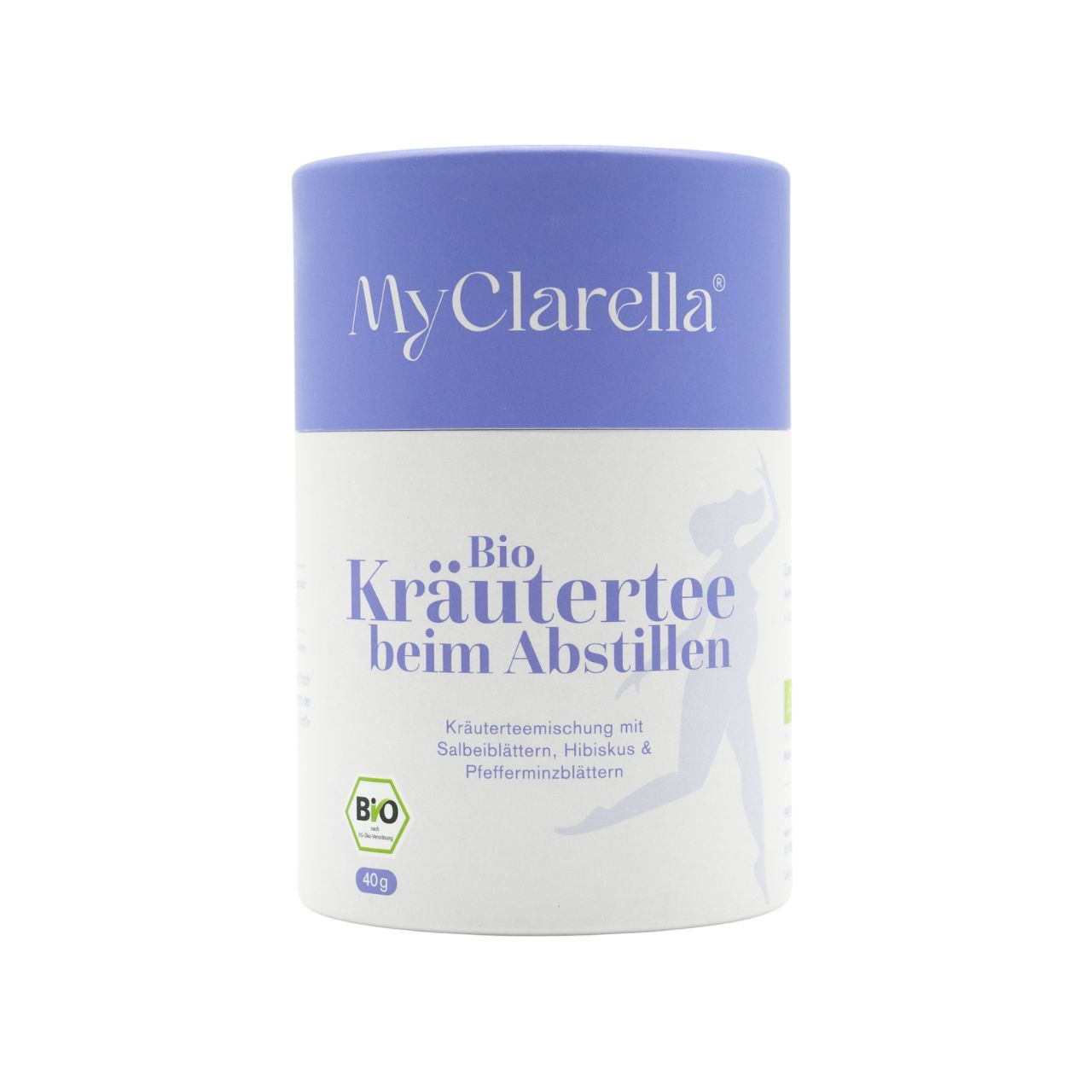 Zylindrische Dose mit blauem Deckel. Aufschrift: "MyClarella Bio Kräutertee beim Abstillen". Bio-Siegel und 40g.