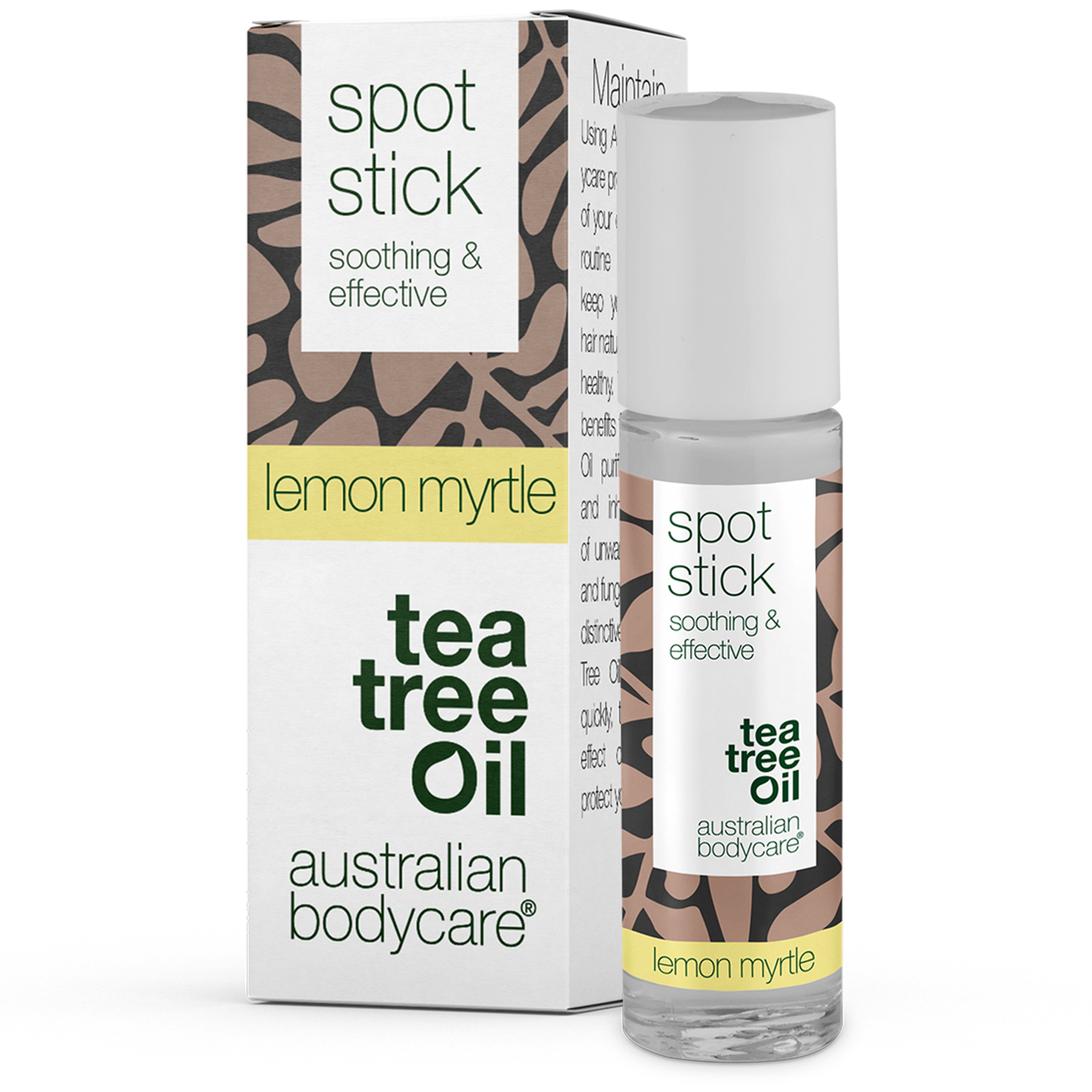 Produkt: Australian Bodycare Pickelstift. Flasche und Verpackung mit Aufschrift "spot stick", "tea tree oil" und "lemon myrtle".