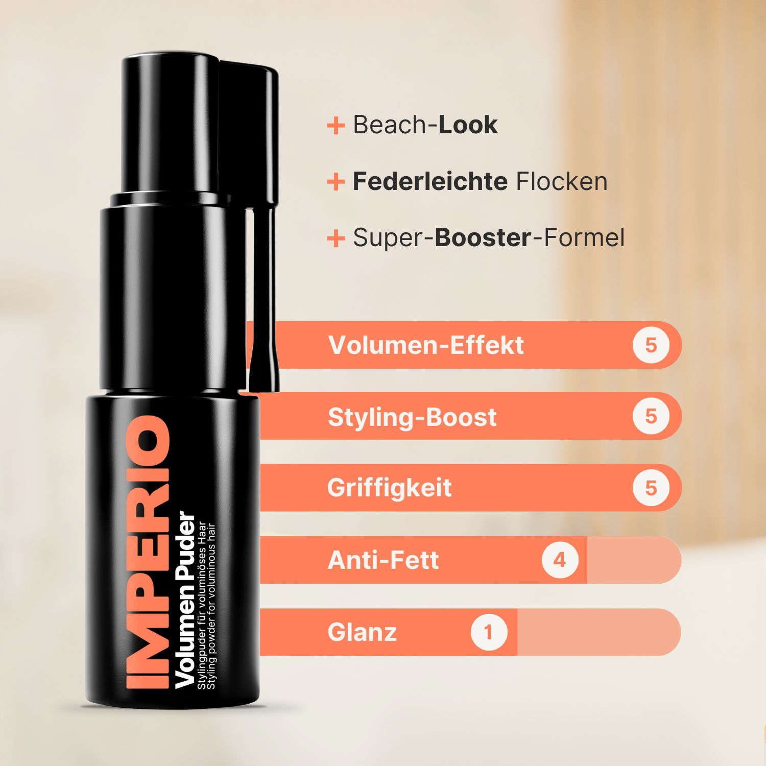 Schwarze Flasche. Aufschrift IMPERIO®. Text: Volumen-Effekt, Styling-Boost, Griffigkeit, Anti-Fett, Glanz. Zahlen.