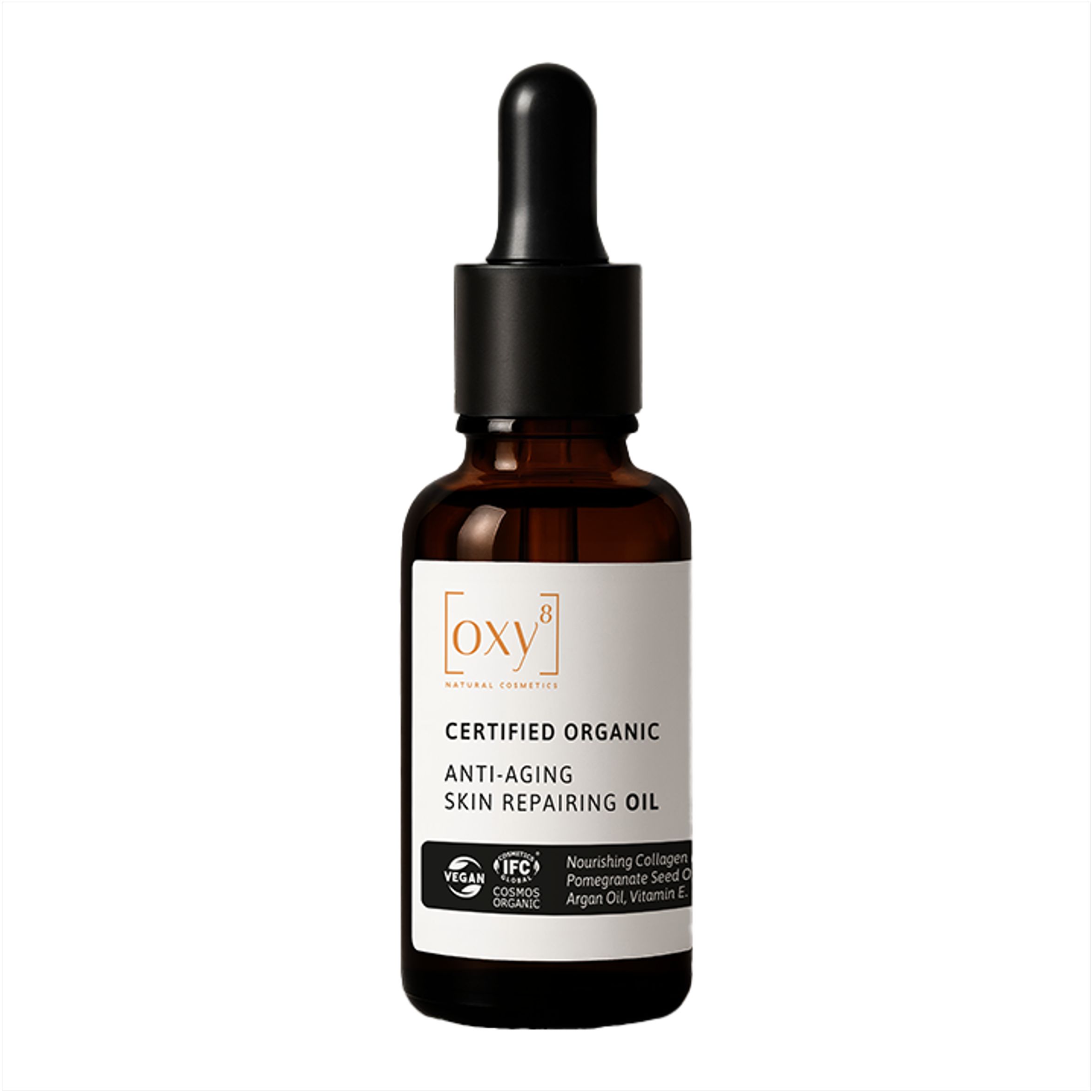 Braune Glasflasche mit Pipette. Weißes Etikett mit Text: "Oxy8", "ANTI-AGING SKIN REPAIRING OIL".