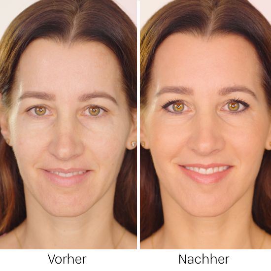Gesicht einer Frau vor und nach dem Auftragen von Make-up. Deutliche Unterschiede in Hautton und Augen-Make-up.