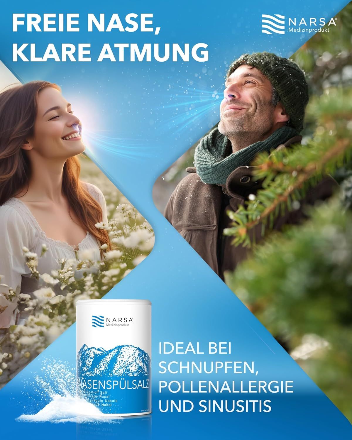 NARSA Nasenspülsalz Dose mit Bergmotiv. Freie Nase, klare Atmung.