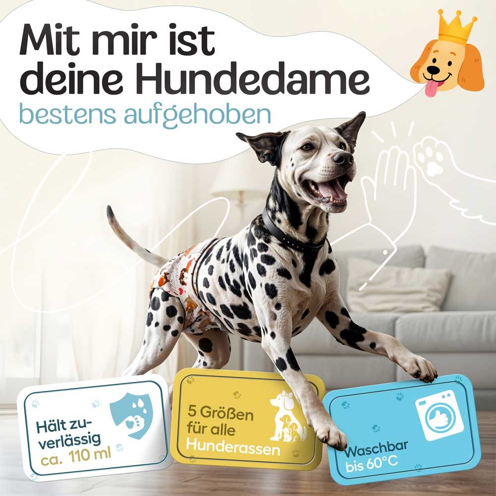 Dalmatiner-Hund mit Windel. Text: 5 Größen für alle Hunderassen, hält zuverlässig ca. 110 ml, waschbar bis 60°C.