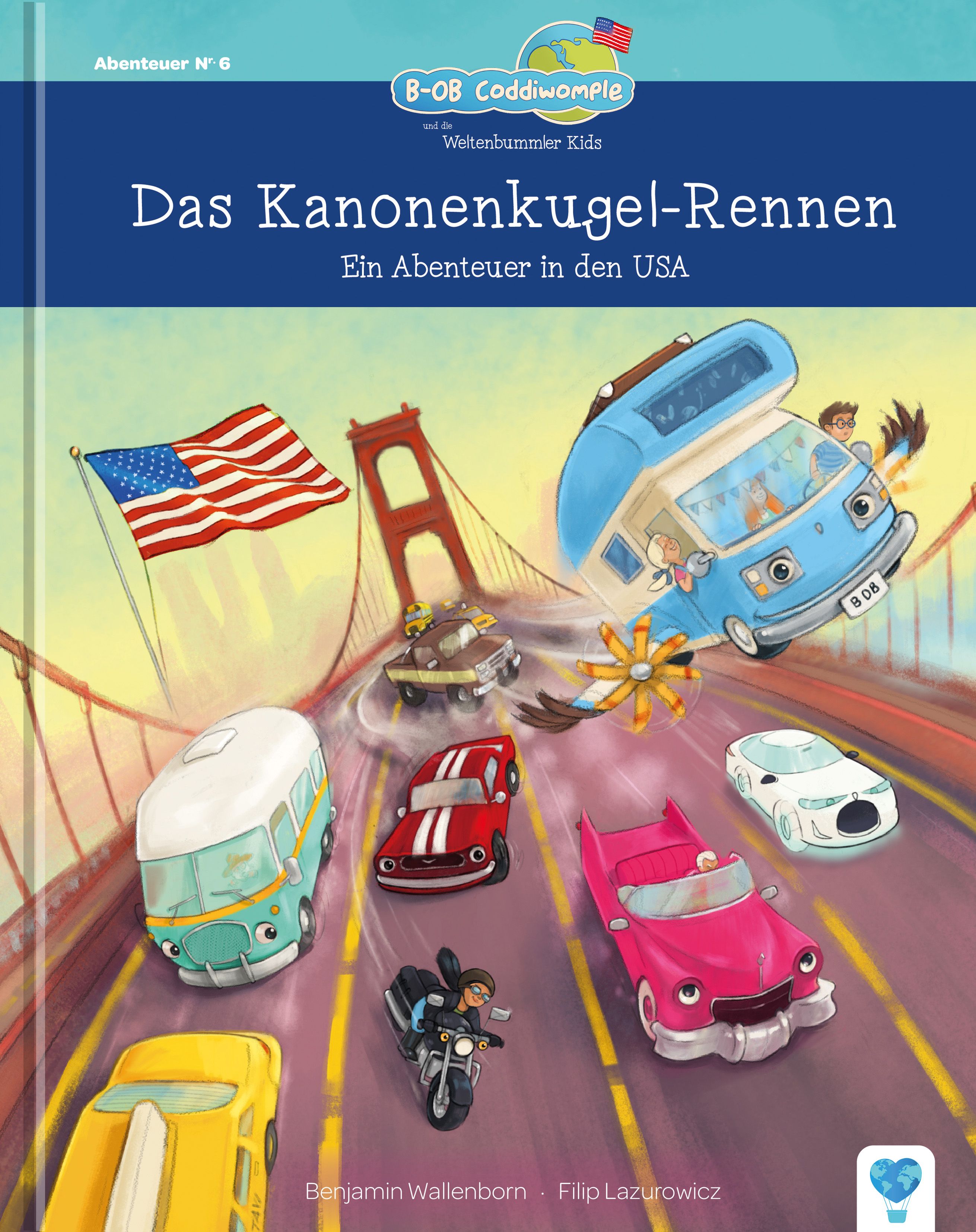 Buchcover mit Titel "Das Kanonenkugel-Rennen". Illustration von Autos, Brücke und amerikanischer Flagge. Autorennamen sichtbar.