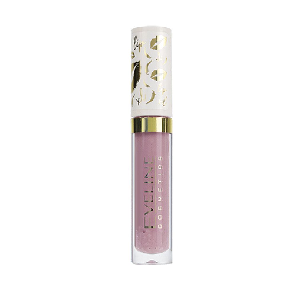 Lipgloss von Eveline Cosmetics. Transparente Tube mit goldfarbenem Deckel. Produktname und Marke sind sichtbar.