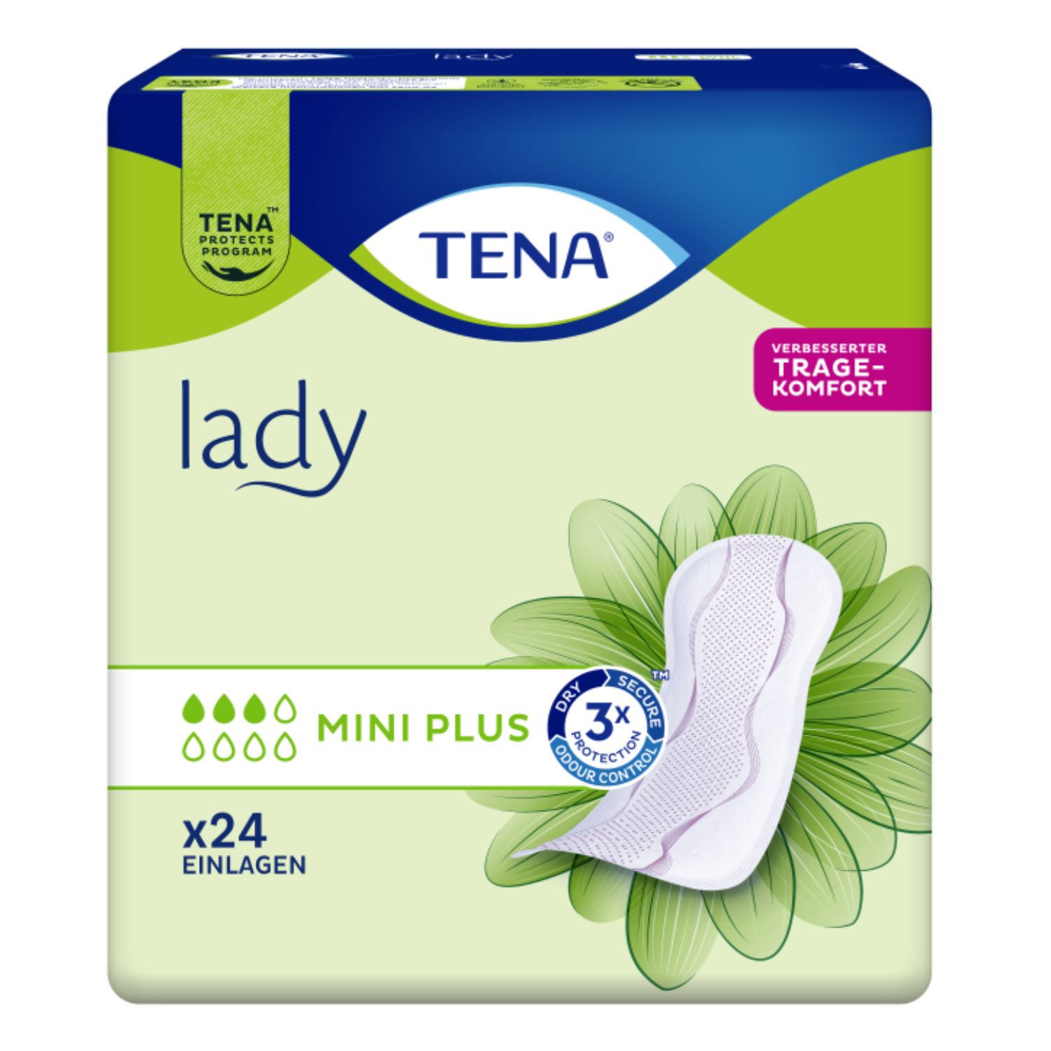 TENA Lady Mini Plus Einlagen-Packung mit 24 Stück. Hellgrünes Design mit Blumenmotiv.