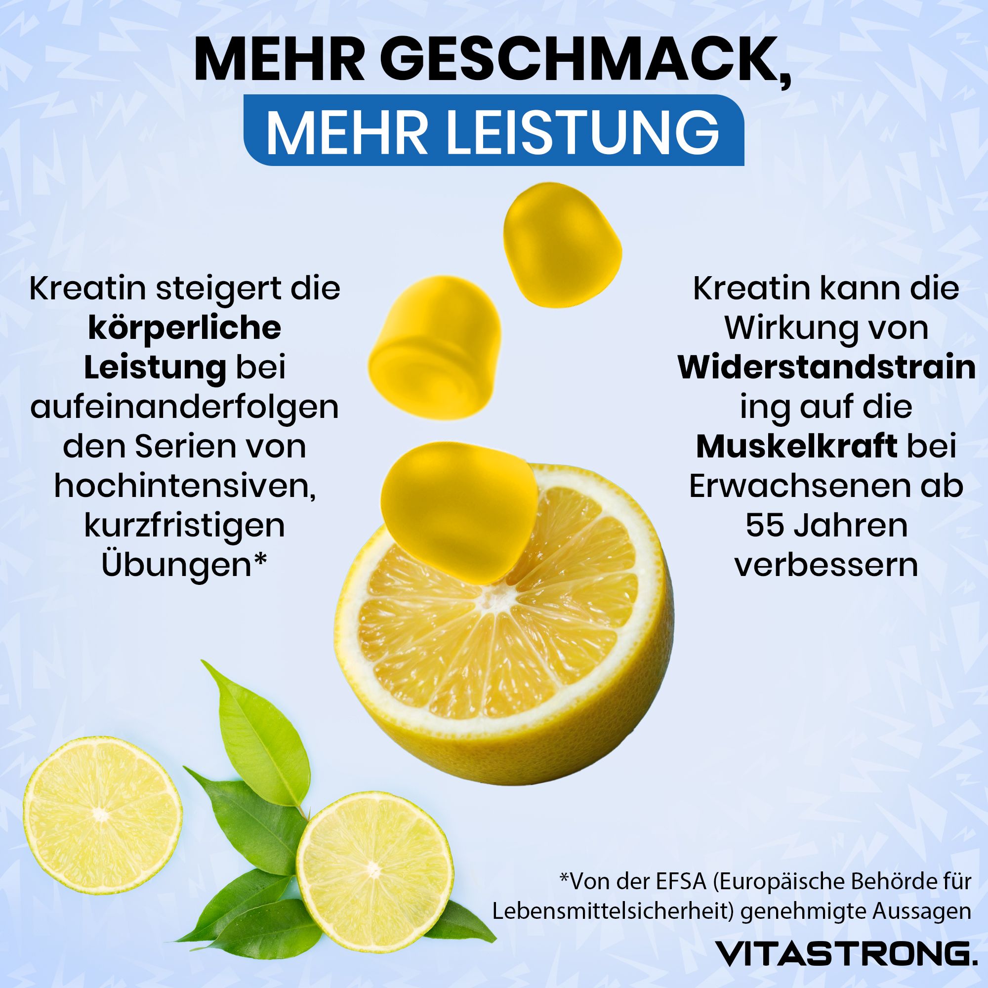 Zitronen und Kreatin-Gummis. Text: Kreatin verbessert die körperliche Leistung bei intensiven Übungen.
