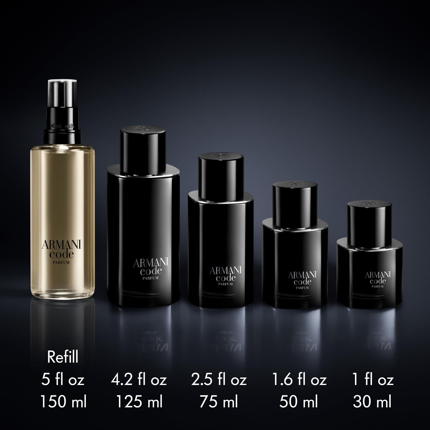 Parfümflakons in verschiedenen Größen. Größen: 150 ml, 125 ml, 75 ml, 50 ml, 30 ml. Schriftzug: Armani Code Parfum.