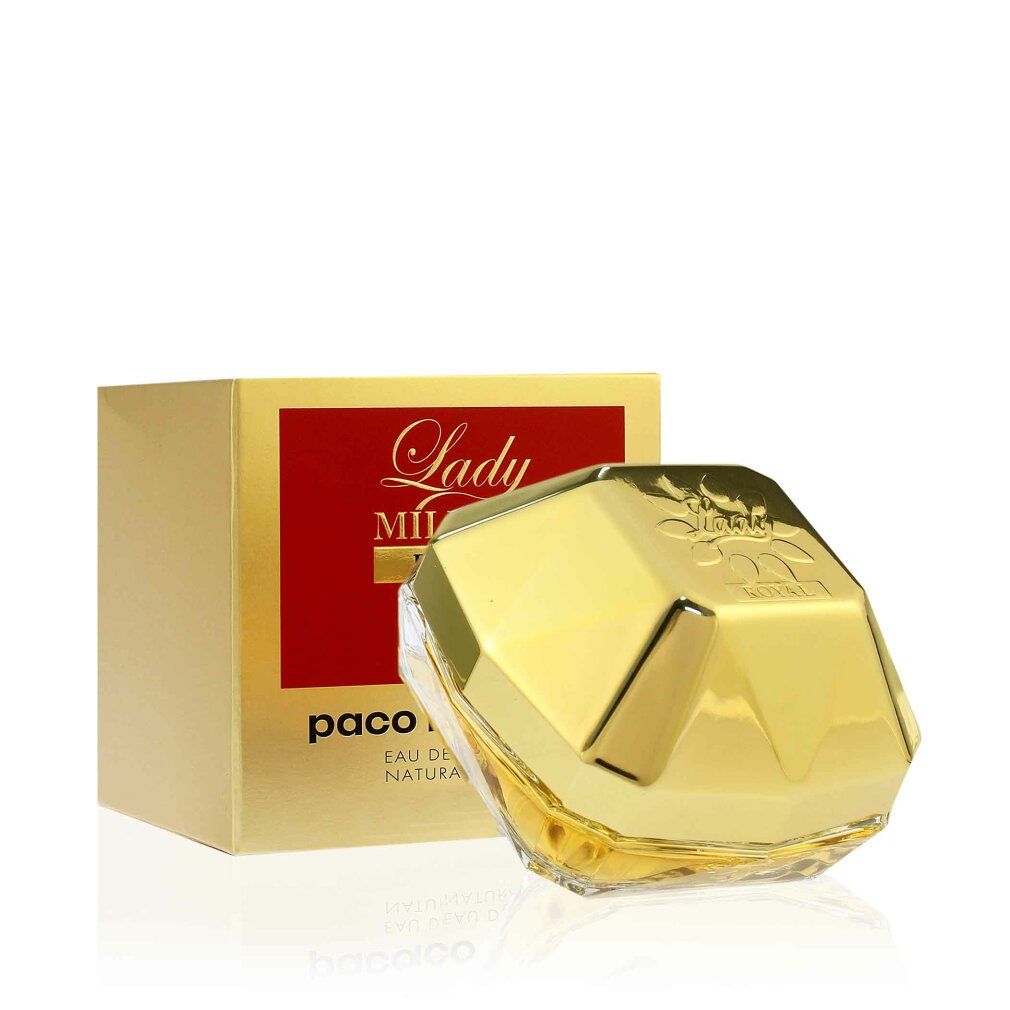 Goldfarbener Flakon und Verpackung. Aufschrift: Lady Million Royal, Paco Rabanne. 30 ml.