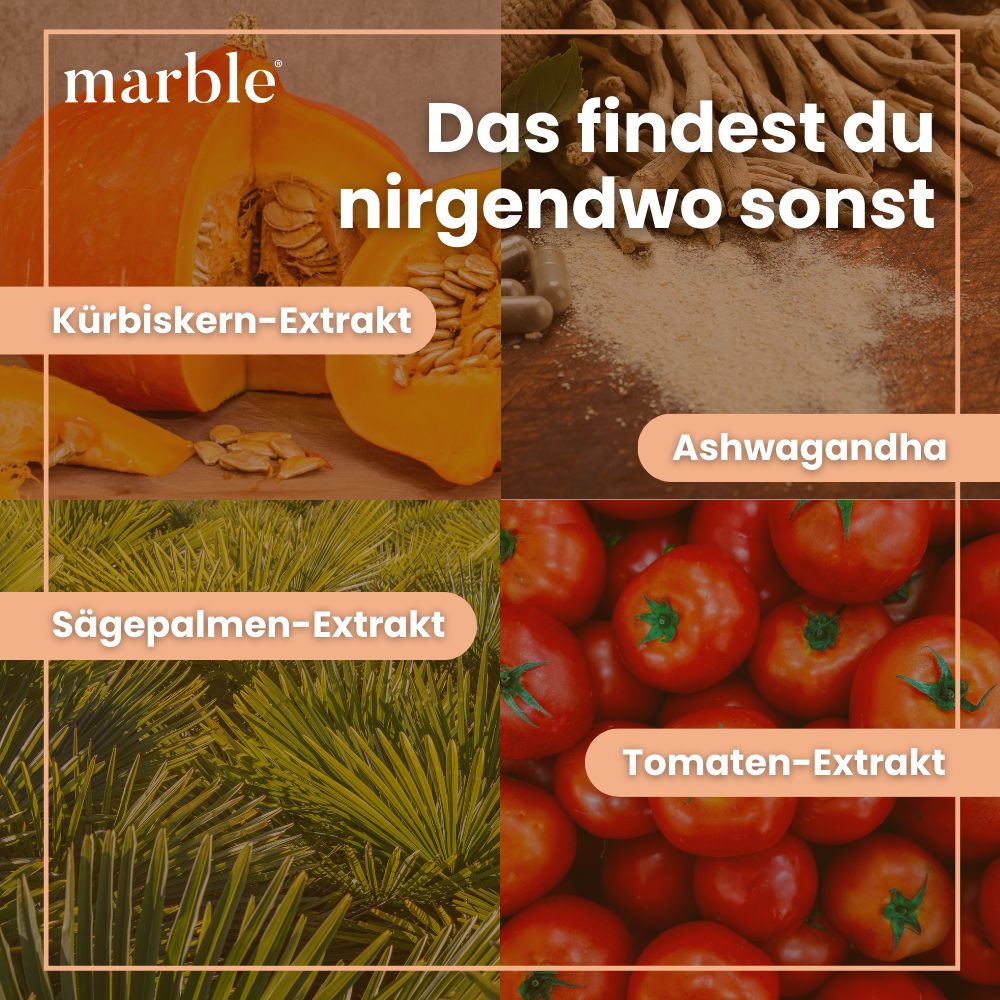 Vier Bilder: Kürbiskern-Extrakt, Ashwagandha, Sägepalmen-Extrakt, Tomaten-Extrakt.