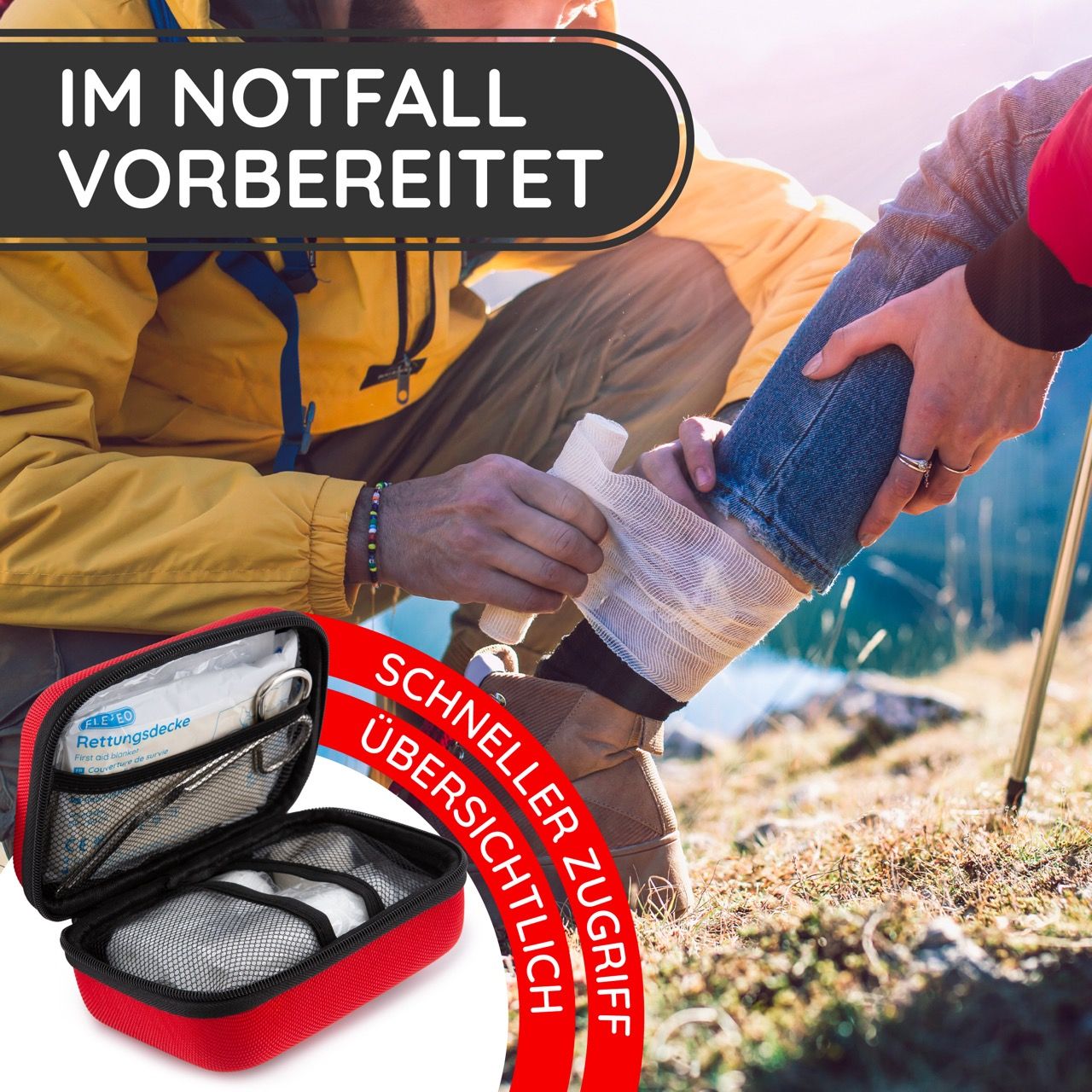 Erste-Hilfe-Set wird am Bein verbunden. Rote Tasche mit weißem Kreuz. Text: Schneller Zugriff, im Notfall vorbereitet.
