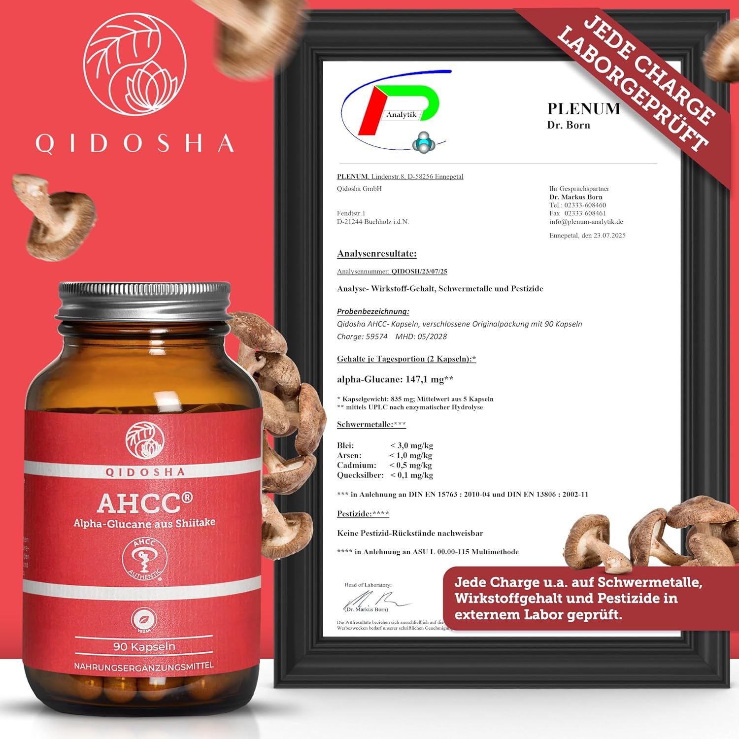Braune Glasflasche mit Kapseln. Zertifikat mit Text. Produktname: QIDOSHA AHCC® Alpha-Glucane aus Shiitake. 90 Kapseln. Laborgeprüft auf Schwermetalle und Pestizide.