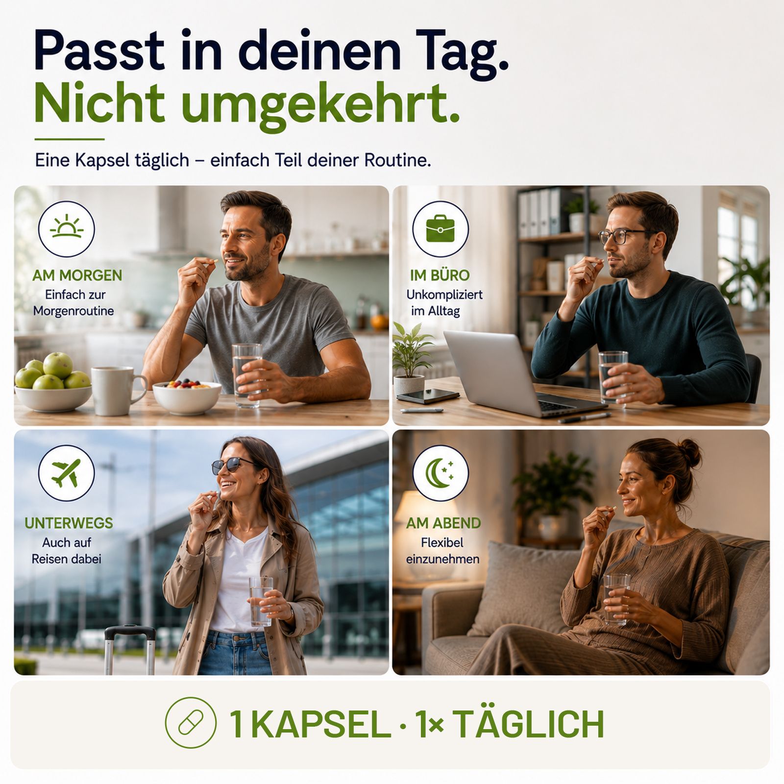 Vier Szenen, die die tägliche Einnahme von Kapseln zu verschiedenen Zeiten und Orten zeigen.