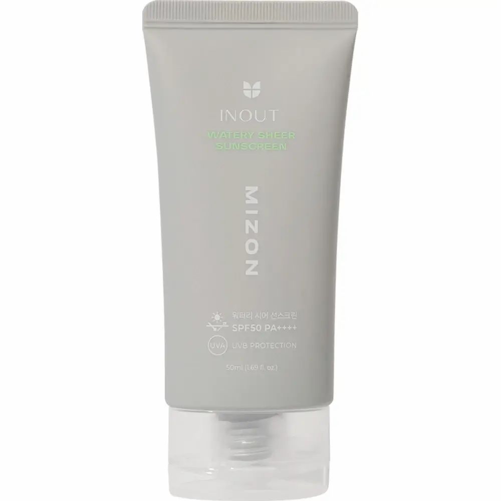 Graue Tube mit Produktaufschrift INOUT, WATER SHEER SUNSCREEN, MIZON. SPF 50+ PA++++. Transparenter Verschluss.