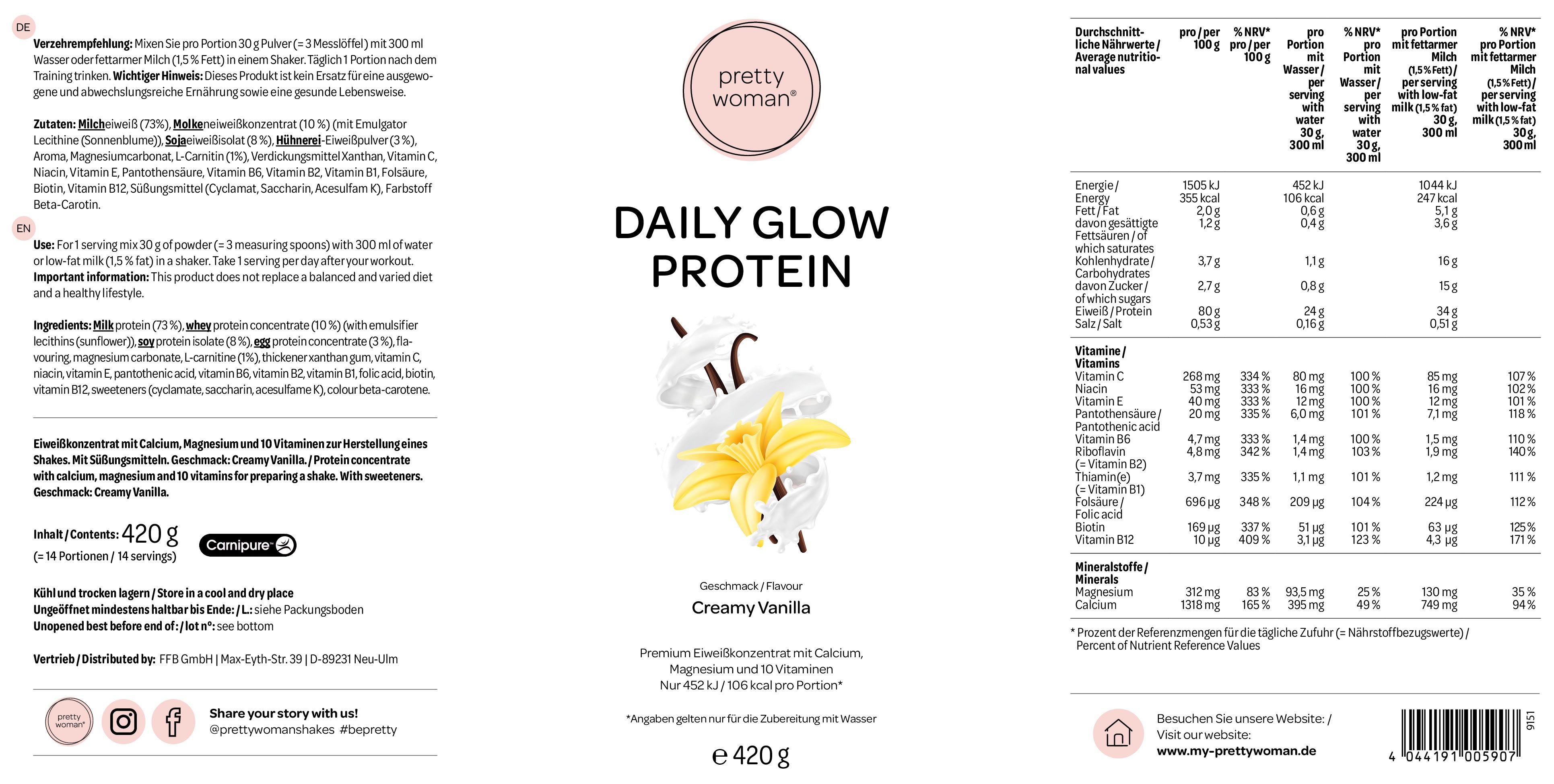 Etikett mit Produktinformationen. "Pretty Woman Daily Glow Protein" mit Vanille-Illustration. Enthält Nährwertangaben und Inhaltsstoffe.