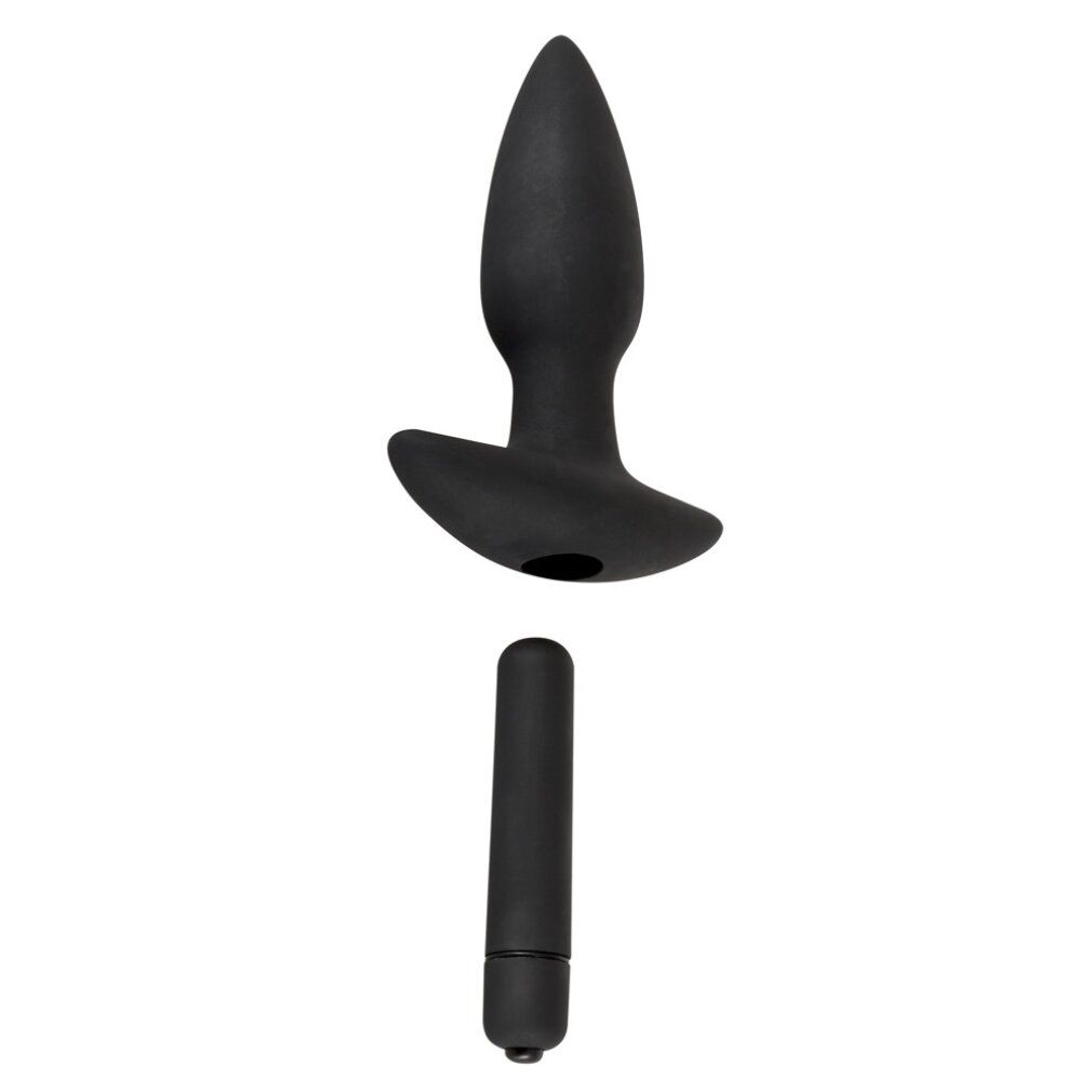 Schwarzer Anal-Plug und Vibrationskugel. Plug mit Basis, Vibrationskugel zylindrisch.
