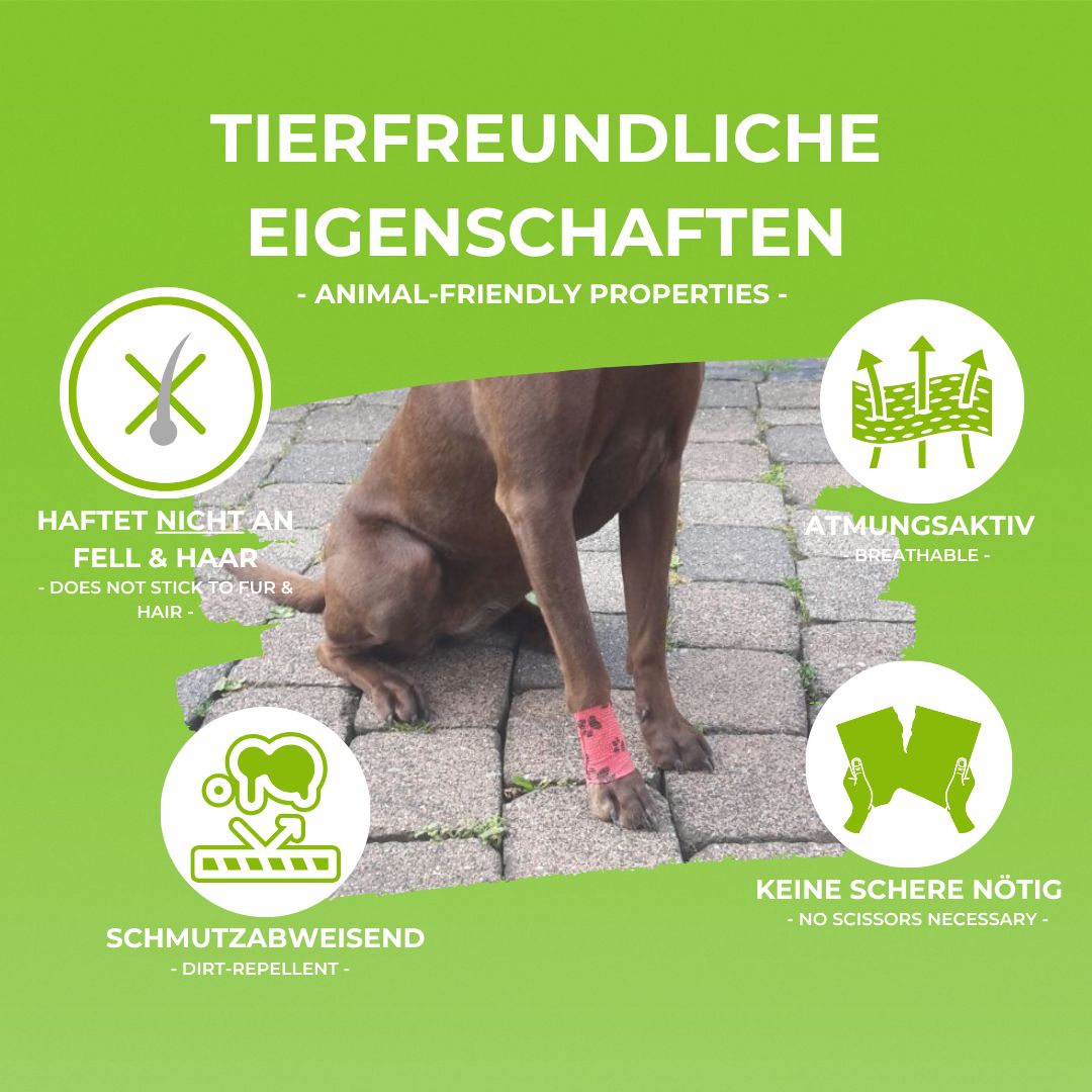Rolle selbsthaftendes Verbandmaterial mit pinkem Hintergrund und schwarzen Pfotenabdrücken.