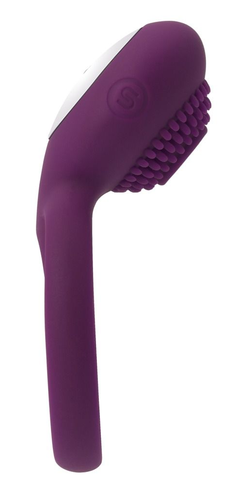 Lila Stimulator mit Noppen und silberfarbenem Knopf. SVAKOM-Logo. Ergonomische Form. Auf weißem Hintergrund.