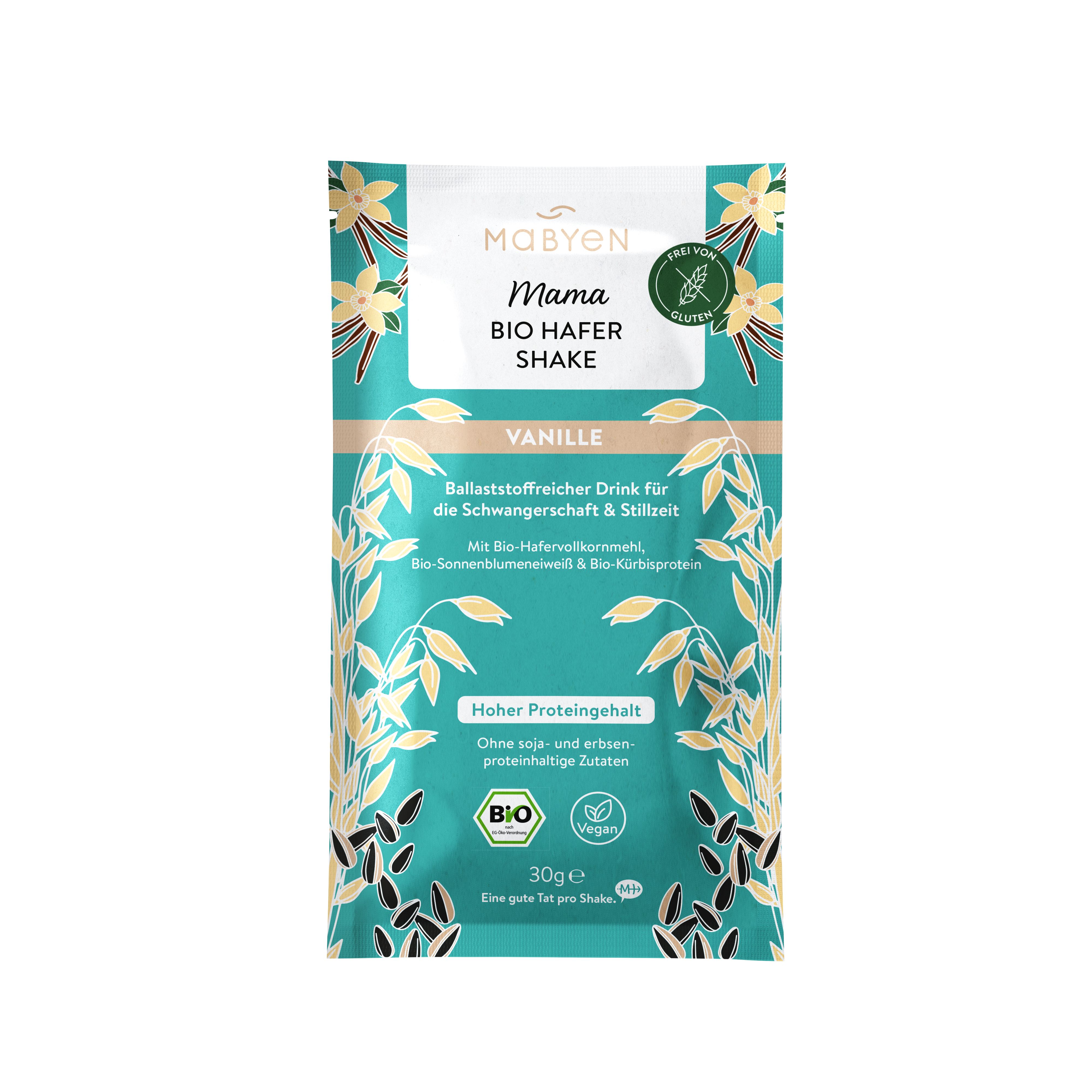 MABYEN Mama Bio Hafer Shake Vanille. Einzelpackung. Aufdrucke: Bio, 30g, glutenfrei, hoher Proteingehalt, Vanille.