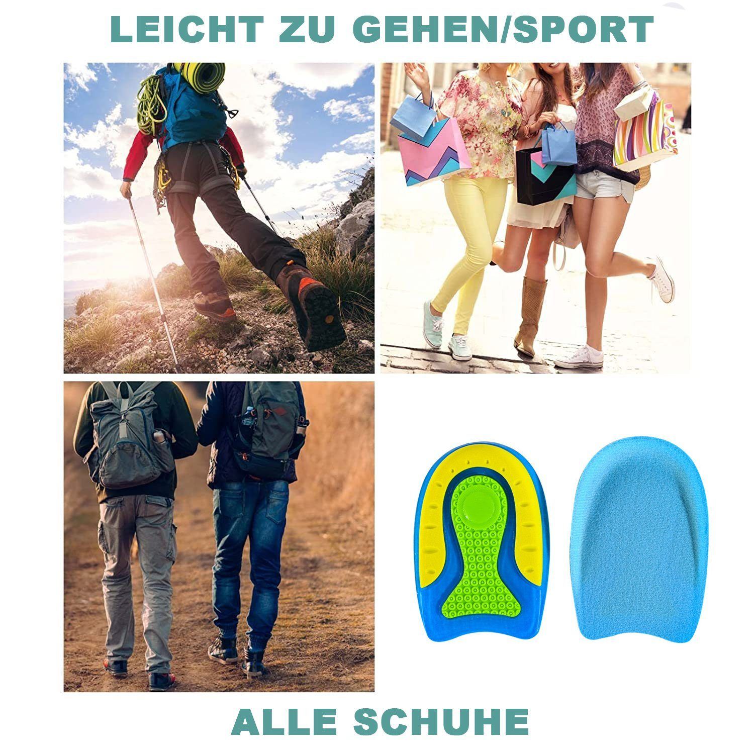 Menschen beim Gehen, Wandern und Einkaufen. Fersenkissen und ein blaues Kissen.