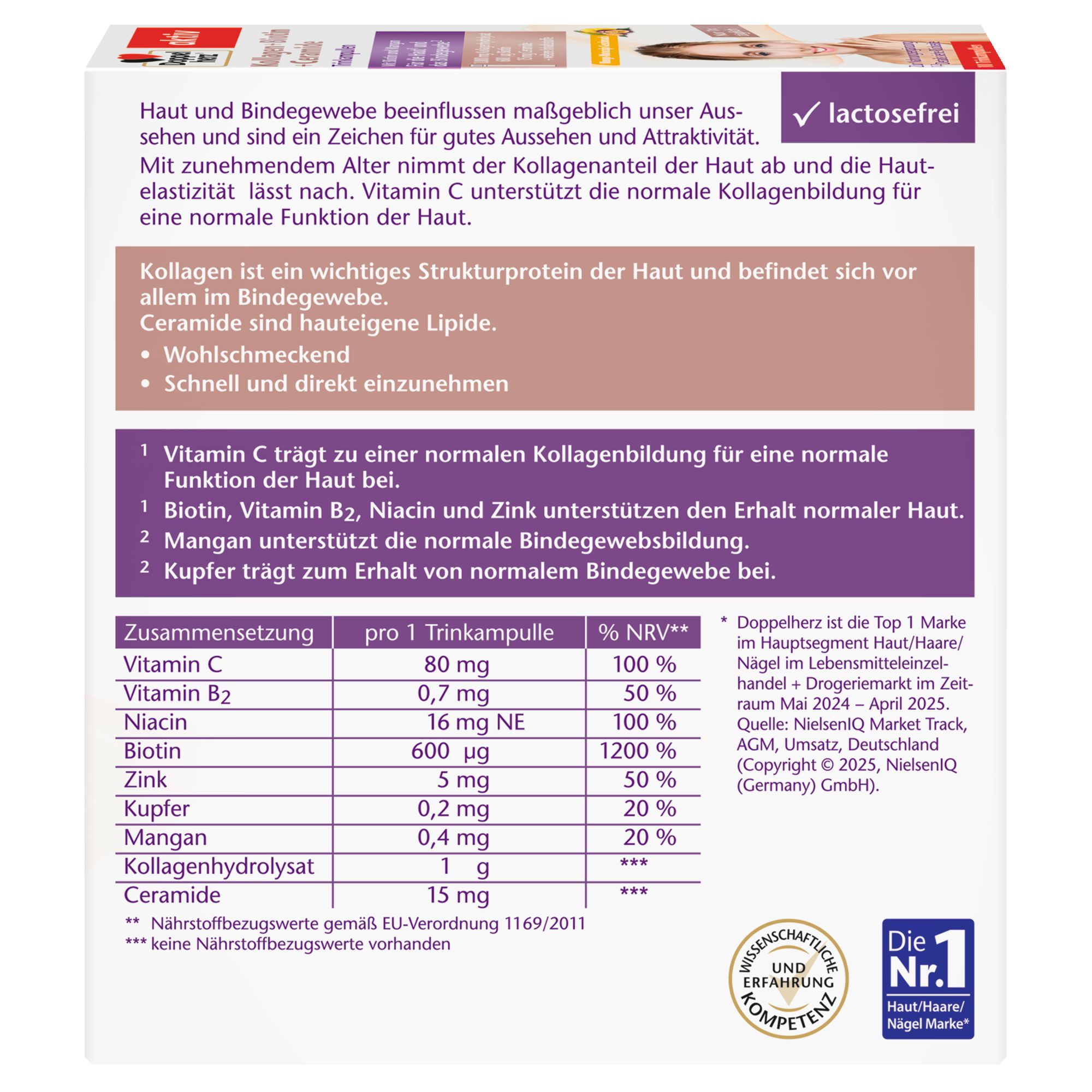 Verpackung mit Nährwertangaben: Kollagenhydrolysat, Vitamine und Mineralstoffe für Haut und Bindegewebe. Laktosefrei.