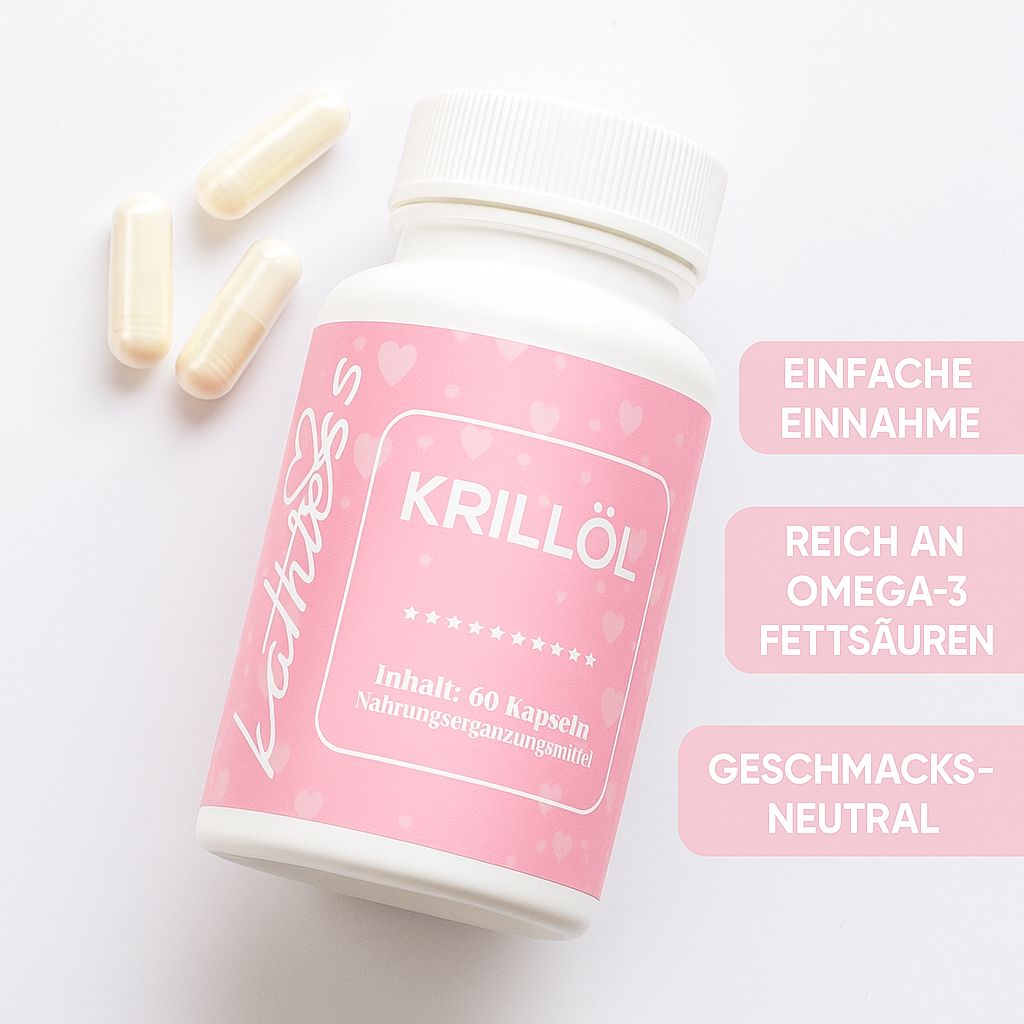 Flasche mit rosa Etikett. Krillöl, 60 Kapseln. Marke: Kathless. Drei Kapseln daneben. Text: Einfache Einnahme, Reich an Omega-3 Fettsäuren, Geschmacksneutral.