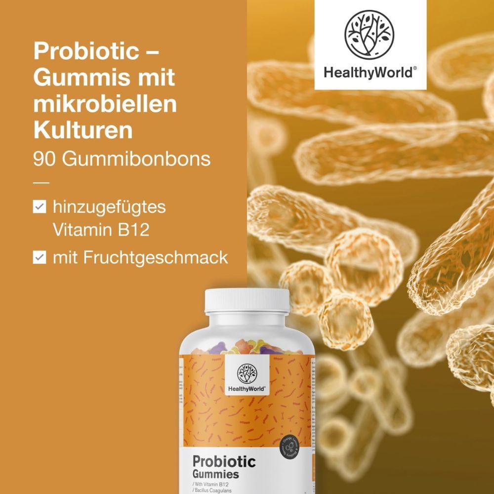 Flasche mit Produktetikett. Text: Probiotica - Gummis mit mikrobiellen Kulturen. 90 Gummibonbons. Inhaltsstoffe.