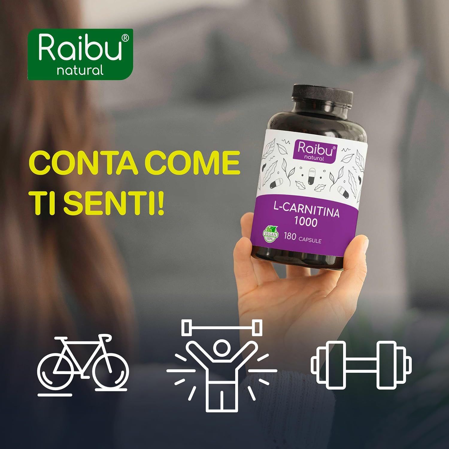 Mano che tiene flacone di L-Carnitina 1000. Icone: bicicletta, persona, manubrio. Testo: Conta come ti senti!