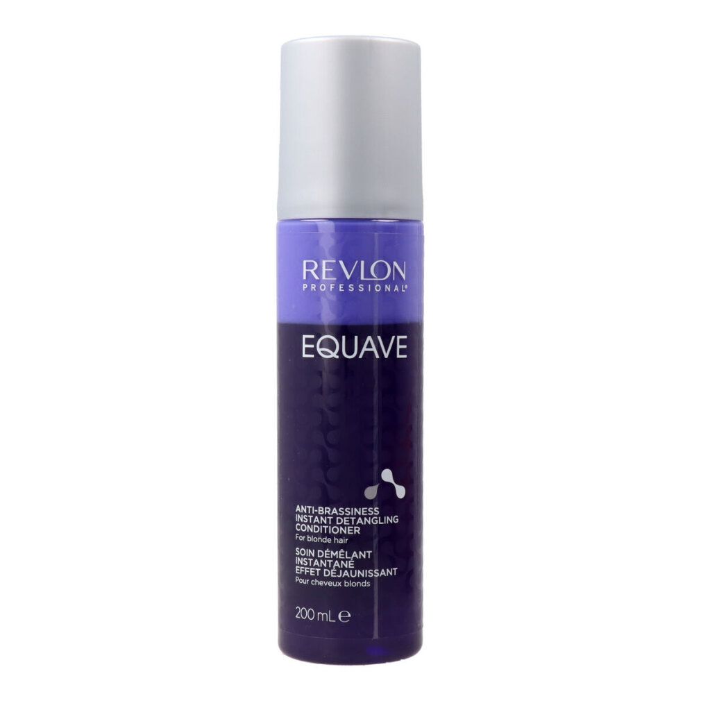 Revlon EQUAVE Anti-Brassiness Detangling Conditioning. Violette Flasche mit silbernem Deckel. Produktname und Text auf der Flasche.