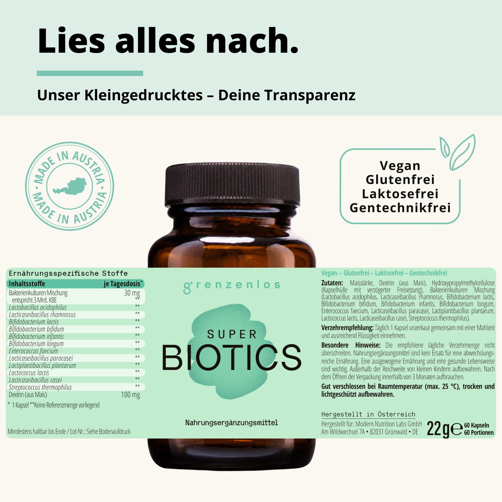grenzenlos® SUPER BIOTICS 12-in-1 Mikrobiom Komplex | magensaftresistente Kapseln | OHNE Inulin