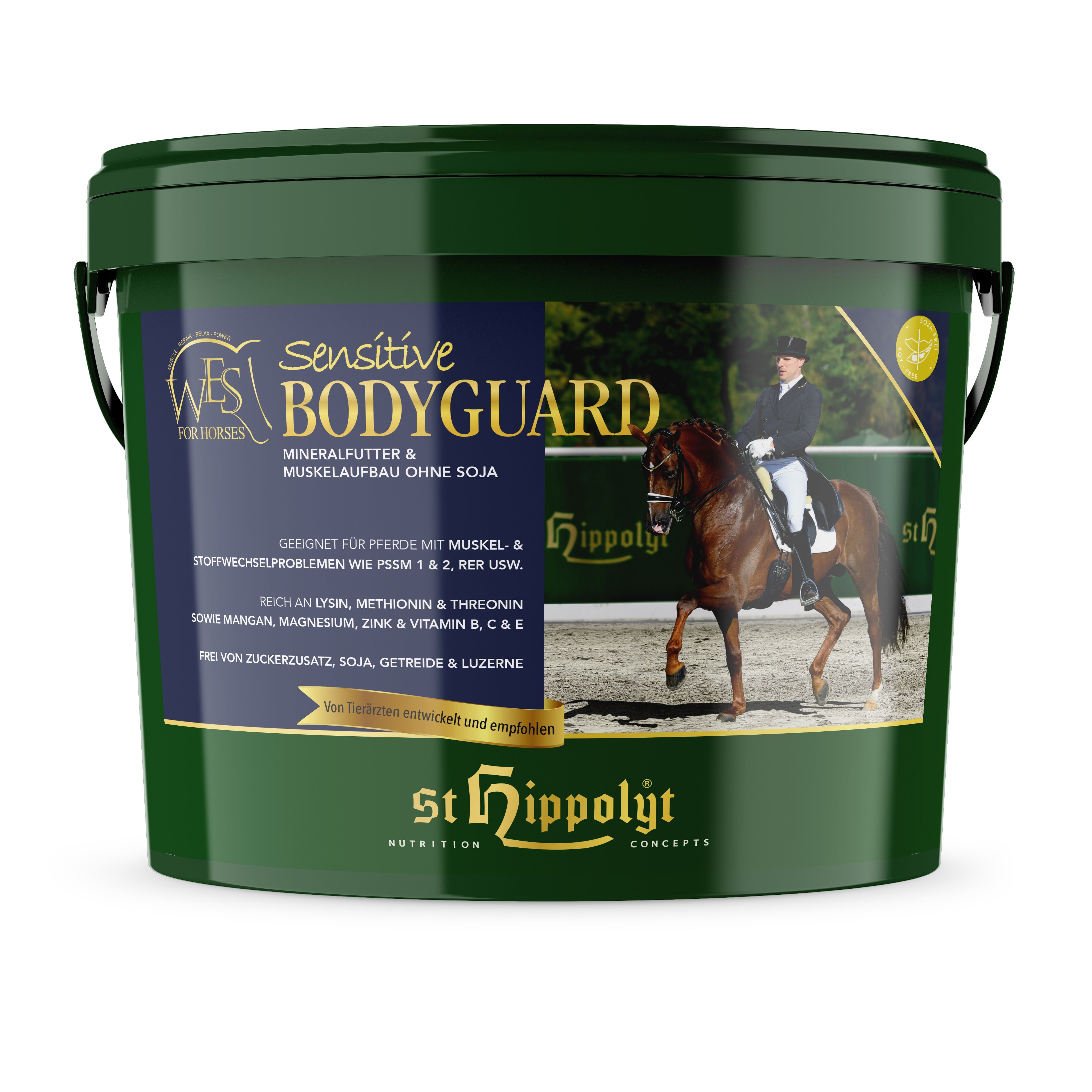 Grüner Eimer mit Aufschrift „Sensitive Bodyguard“. Bild eines Reiters auf Pferd. Logo „St. Hippolyt“.