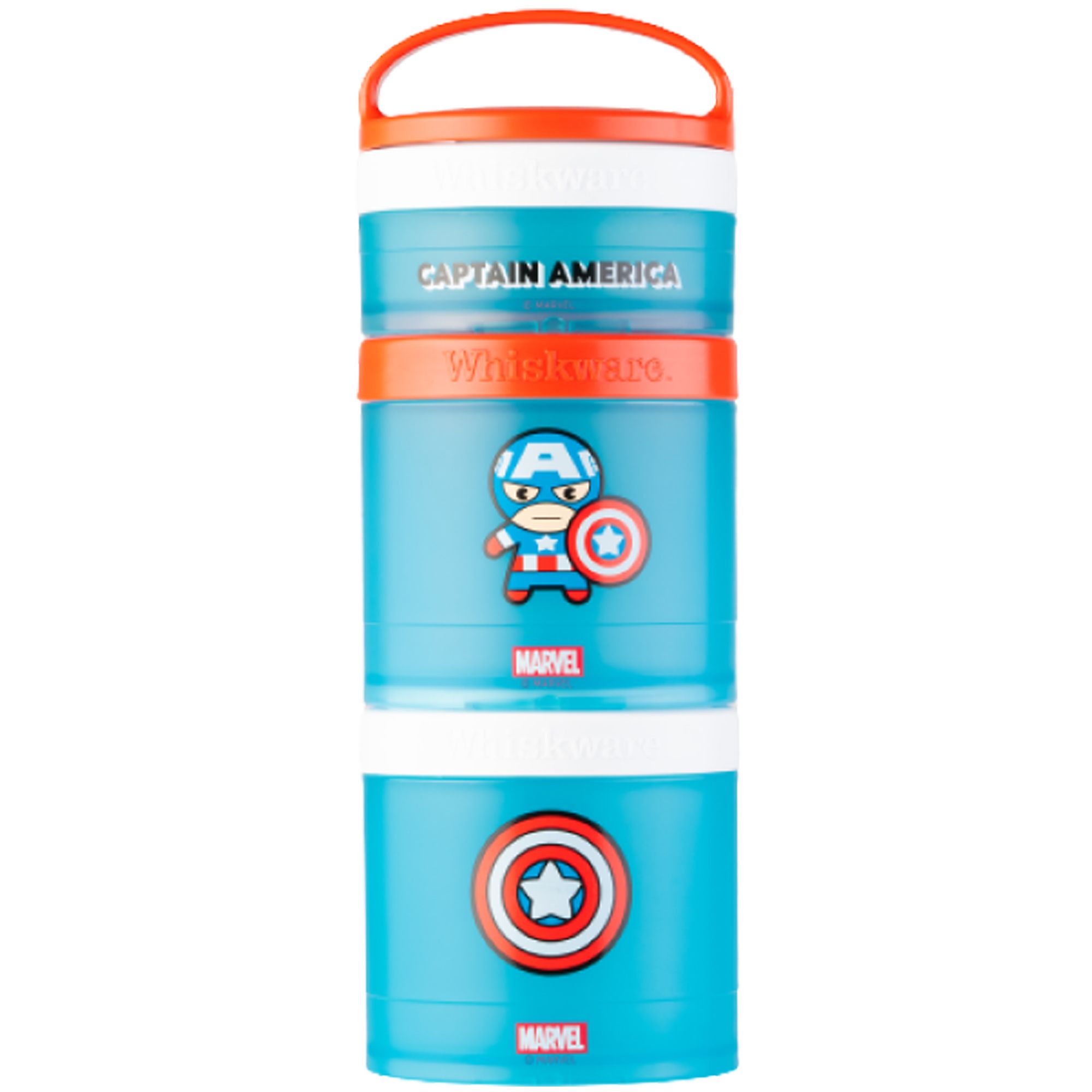 Blauer Snackbehälter mit abnehmbarem Griff. Motiv: Captain America. Text: Marvel, Whiskware. Mehrere Behälter stapelbar.