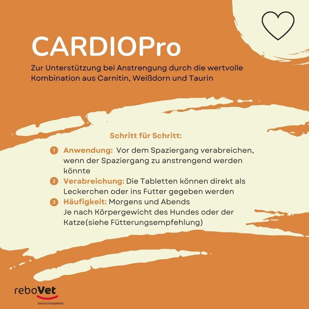 CARDIOPro: Anwendungshinweise für Ergänzungsfuttermittel mit Carnitin, Weißdorn und Taurin.