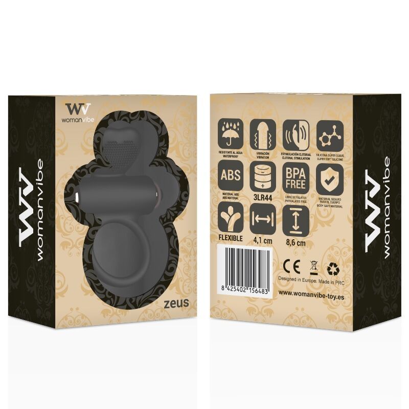 Produktverpackung. Schwarzer Silikon-Vibrator-Penisring mit Aussparung. Aufdrucke: Logos, Icons, Produktname, Maße, Zertifizierungen.