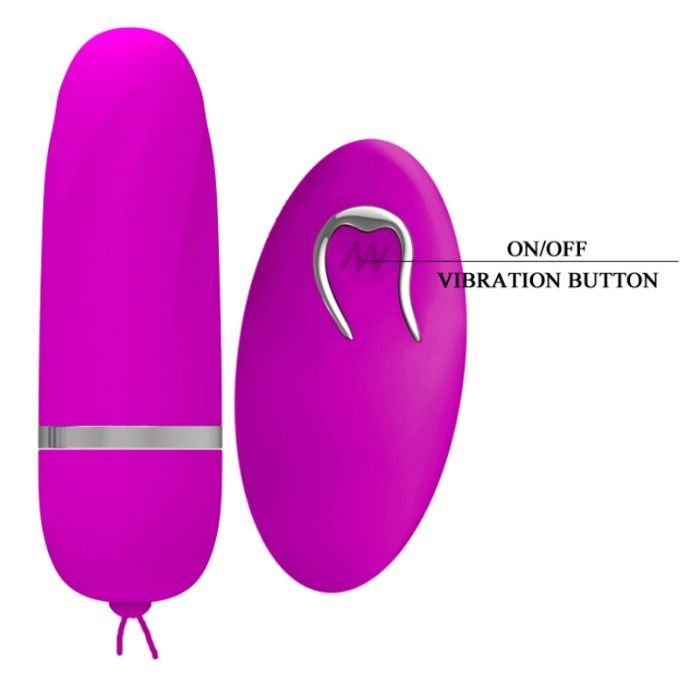 Pinkfarbenes, ovales Produkt mit silberner Form und Text 'ON/OFF VIBRATION BUTTON'.
